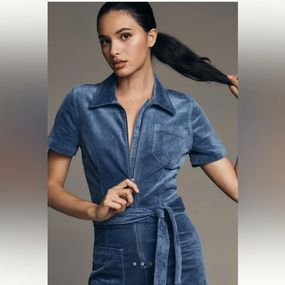 Corduroy Blue Jumpsuit with Belt - Picture 3 of 3